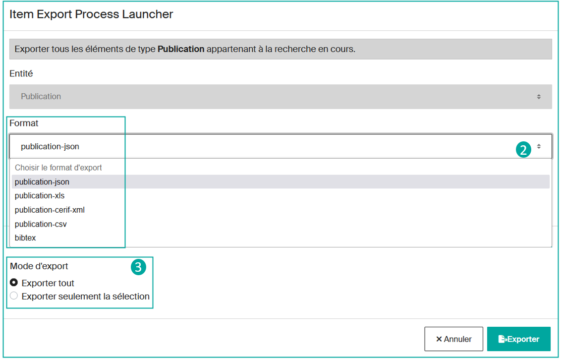 Options d'export — catégorie, format, sélection (2)(3)