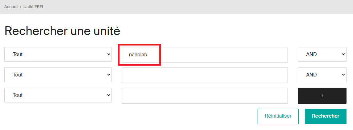 Formulaire de recherche d'une unité