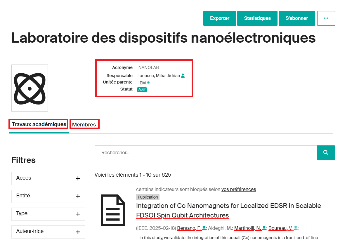 Page d'une unité — travaux académiques et membres affiliés