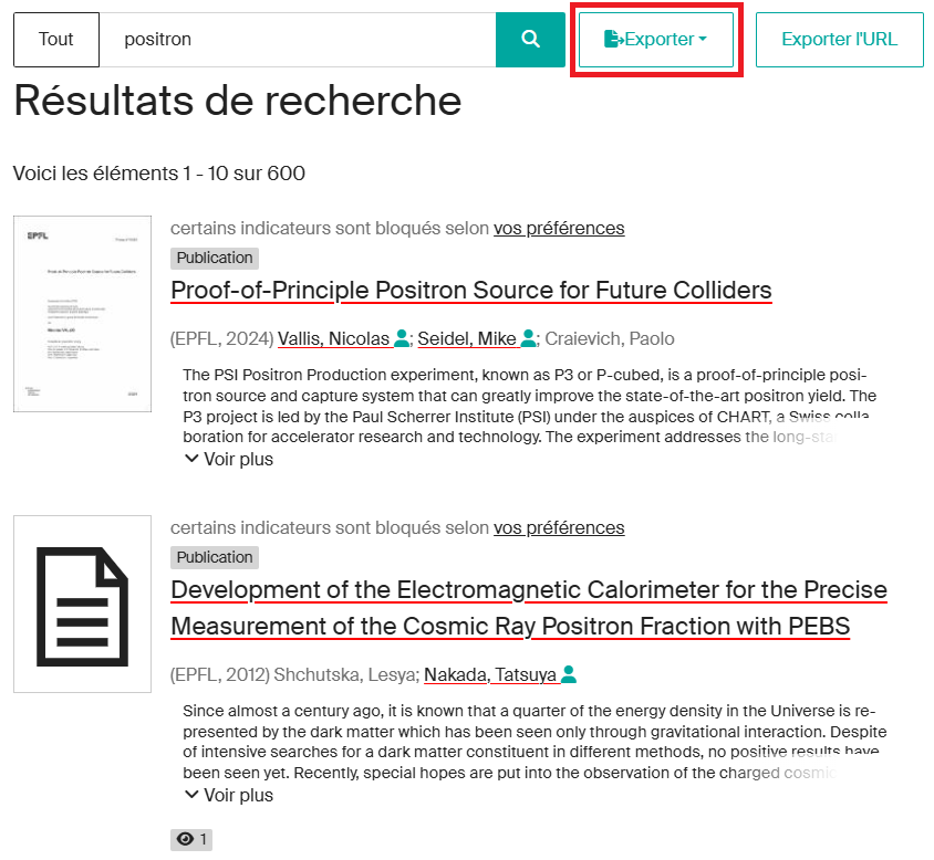 Bouton Exporter sur la page de résultats
