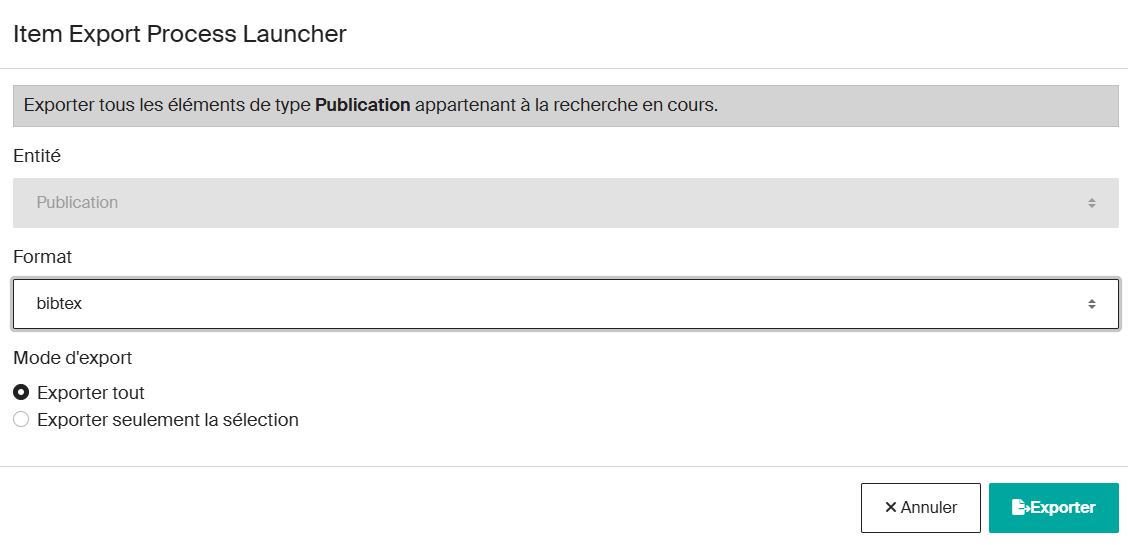 Options d'export — toutes les notices ou sélection manuelle