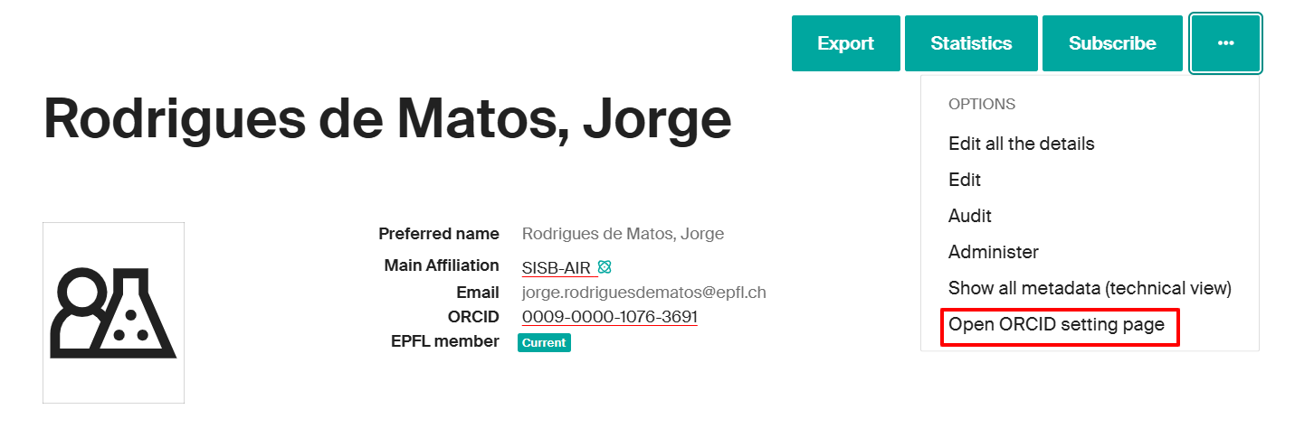 Ouvrir la page de paramétrage ORCID