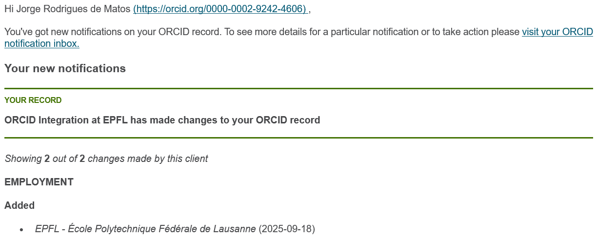 E-mail de notification ORCID confirmant l'intégration