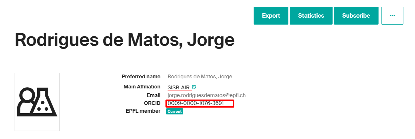 Identifiant ORCID visible sur le profil Infoscience