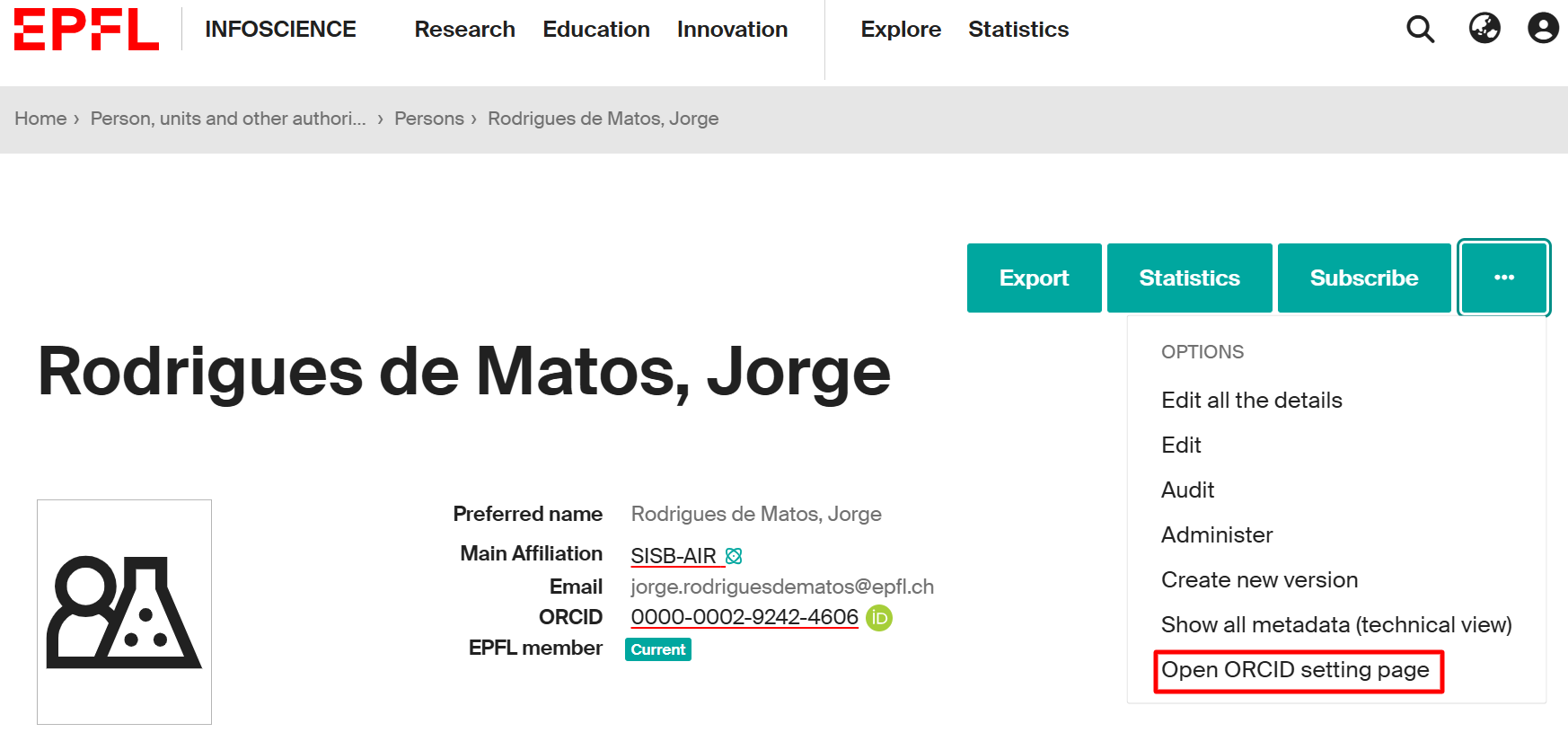 Accéder aux paramètres ORCID depuis la page de profil