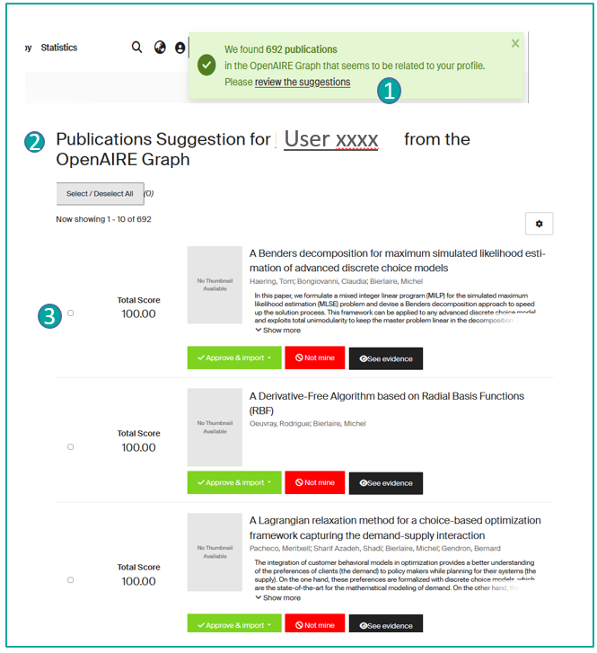 Fenêtre de suggestions et liste de révision (1)(2)(3)