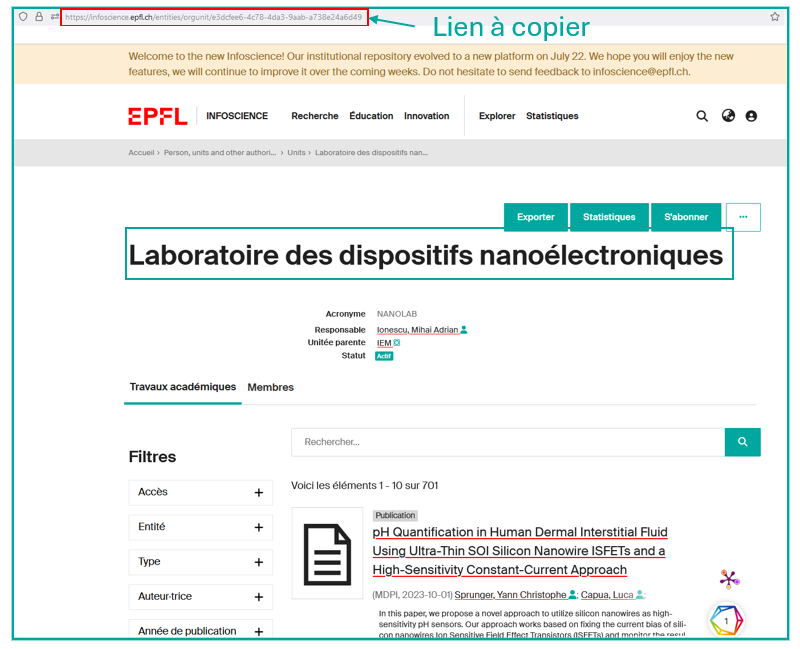 Page unité dans Infoscience — copier l'URL