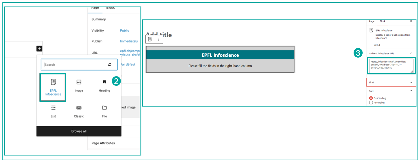 WordPress — paramètres du bloc EPFL Infoscience (2)(3)