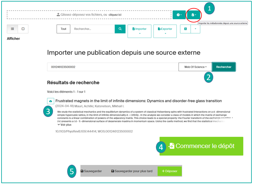 Import depuis une base externe — étapes (1)(2)(3)(4)(5)