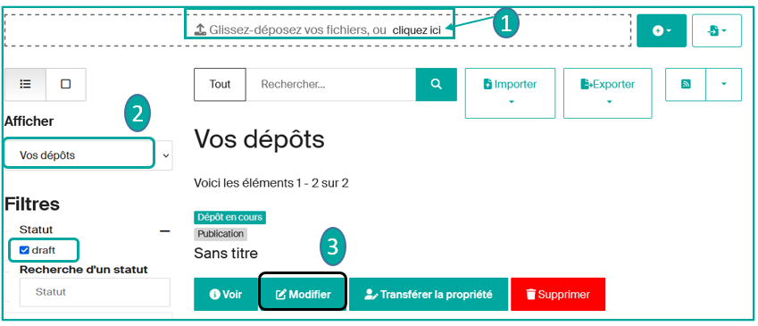 Import BibTeX — parcourir (1), notices brouillons (2), éditer (3)