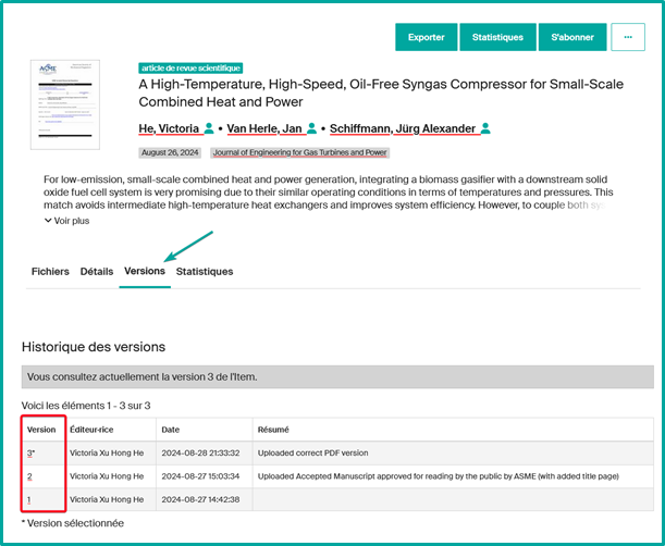 Historique des versions dans l'onglet Versions